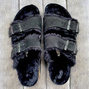 Birkenstock Arizona Shearling + Suede Leather in Black on Black